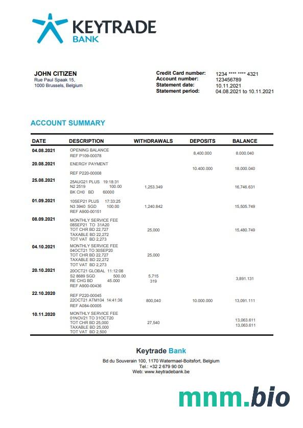 Szablon wyciągu bankowego Belgia Keytrade w programie Word i PDF
